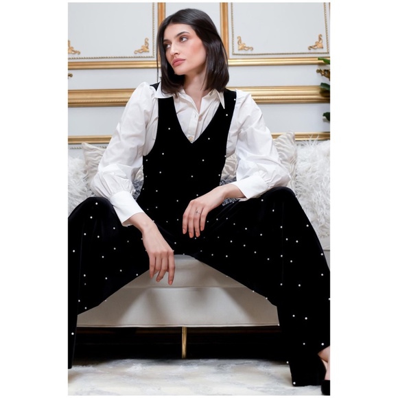 Eva Franco Anthropologie Black Velvet Pearl Wide Leg V Front Sleeveless Jumpsuit - Picture 7 of 9